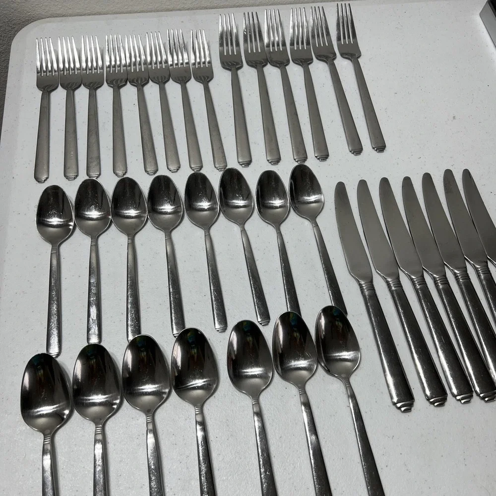 Solid Stainless Steel Ribbed LOT Of 36 Pieces Forks Spoons Knives -Unmarked